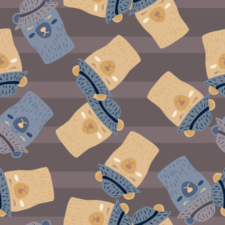 Seamless random pattern with bears head abstract print. Funny animals in hats on striped brown background. Flat vector print for textile, fabric, giftwrap, wallpapers. Endless illustration.のイラスト素材