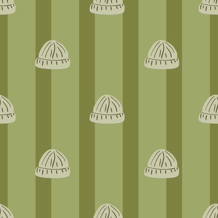 Pale seamless pattern with  grey simple beanie hat print. Pastel green striped background. Stock illustration. Vector design for textile, fabric, giftwrap, wallpapers.のイラスト素材