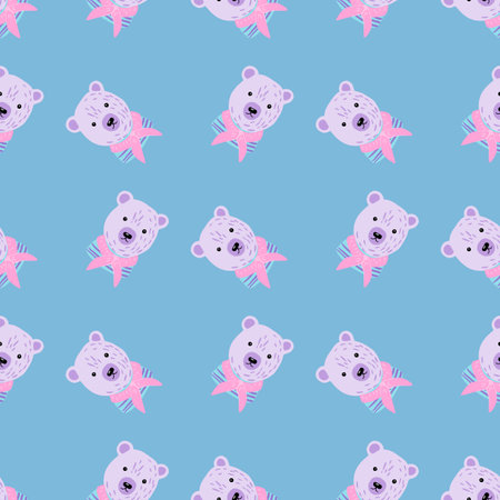 Kids funny seamless pattern with pink colored bears head print. Blue pastel background. Vector illustration for seasonal textile prints, fabric, banners, backdrops and wallpapers.のイラスト素材