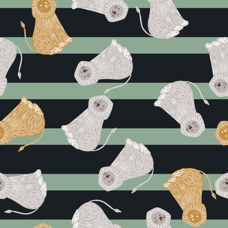 Random seamless pattern with blue and beige random lion ornament. Striped background with green light lines. Graphic design for wrapping paper and fabric textures. Vector Illustration.のイラスト素材