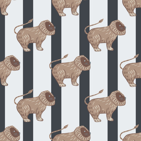 Childish animal seamless pattern with beige lion king shapes. Striped background with grey lines. Graphic design for wrapping paper and fabric textures. Vector Illustration.のイラスト素材