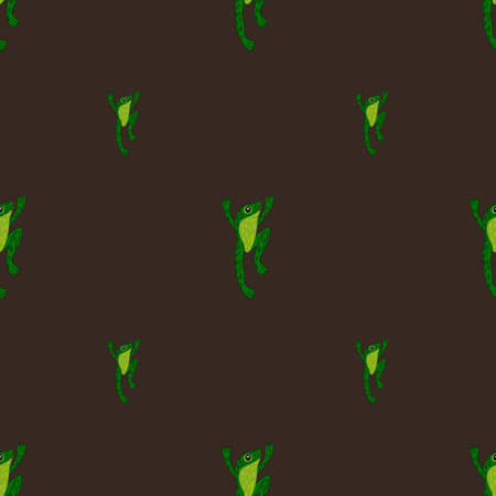 Minimalistic style seamless pattern with bright green frog shapes print. Brown background. Nature wildlife print. Stock illustration. Vector design for textile, fabric, giftwrap, wallpapers.のイラスト素材