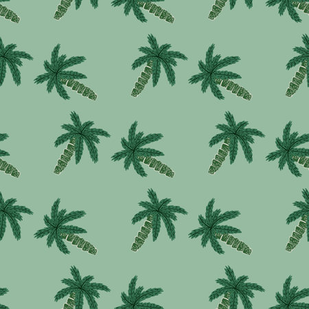 Seamless exotic nature pattern with doodle palm tree ornament in green tones on pale background. Flat vector print for textile, fabric, giftwrap, wallpapers. Endless illustration.のイラスト素材