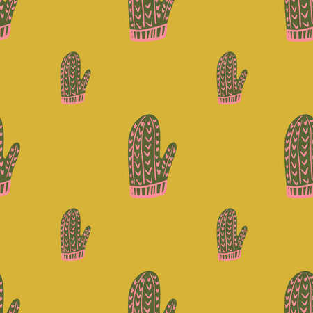 Minimalistic style winter seamless pattern with  grey and pink colored mittens. Yellow background. Graphic design for wrapping paper and fabric textures. Vector Illustration.のイラスト素材