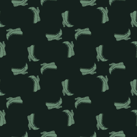 Decorative dark seamless pattern with green pale women boots ornament. Dark brown background. Stock illustration. Vector design for textile, fabric, giftwrap, wallpapers.のイラスト素材