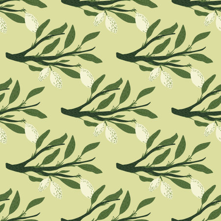 Summer harvest seamless citrus pattern with white lemon shapes and green leaves. Light pastel background. Flat vector print for textile, fabric, giftwrap, wallpapers. Endless illustration.のイラスト素材