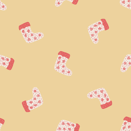 Seamless doodle pattern with simple red colored socks ornament. Light yellow background.のイラスト素材
