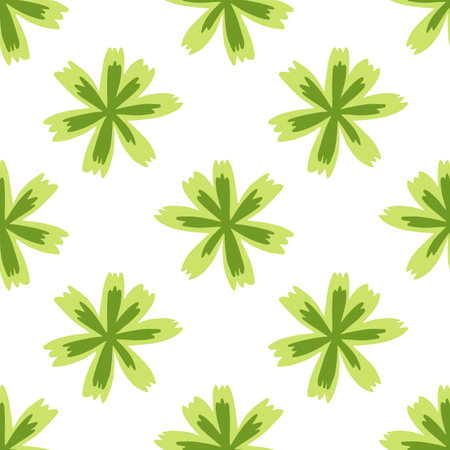 Isolated spring seamless pattern in doodle style with green flower shapes. White background. Simple design.  Endless illustration.のイラスト素材