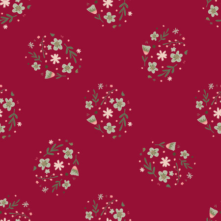 Seamless vintage pattern in minimalistic style with flower silhouettes. Dark red background. Simple design. Graphic design for wrapping paper and fabric textures. Vector Illustration.のイラスト素材