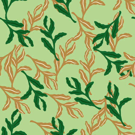 Cartoon forest seamless pattern with beige and bright green leaves branches shapes. Light background. Endless illustration.のイラスト素材