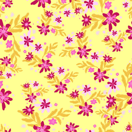 Vintage seamless pattern with random pink flower silhouettes and foliage shapes. Yellow background.  Endless illustration.のイラスト素材