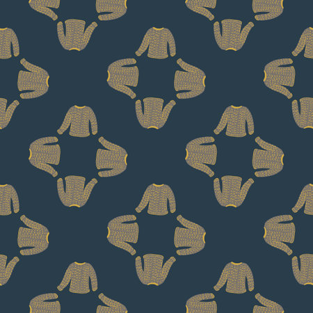 Abstract style clothes seamless pattern with grey sweater elements. Navy blue background.のイラスト素材