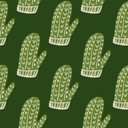 Contoured light green mittens ornament seamless pattern with dark green background. Winter backdrop.  Vector Illustration.のイラスト素材