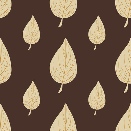 Minimalistic style seamless pattern with light beige leaf shapes. Brown background. Endless illustration.のイラスト素材