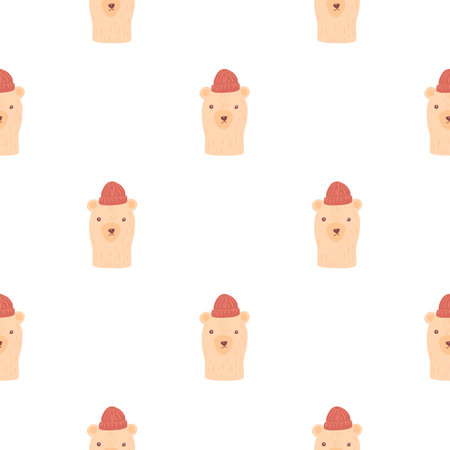 Isolated seamless cute pattern in kids stylistic with pink pale bears print in hats. White background.のイラスト素材