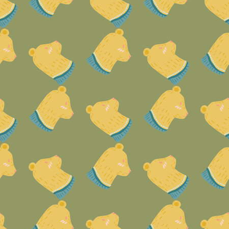 Pale orange bear head characters seamless pattern in doodle style. Pastel green olive background. Stock illustration.のイラスト素材
