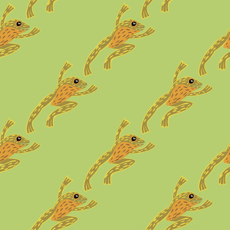 Decorative seamless pattern with pale palette orange froggy ornament. Green background. Simple style. Stock illustration. Vector design for textile, fabric, giftwrap, wallpapers.のイラスト素材