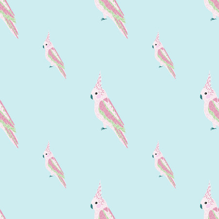 Tropical bird seamless pattern with beige parrot ornament. Blue background. Pastel palette artwork. Vector illustration for seasonal textile prints, fabric, banners, backdrops and wallpapers.のイラスト素材