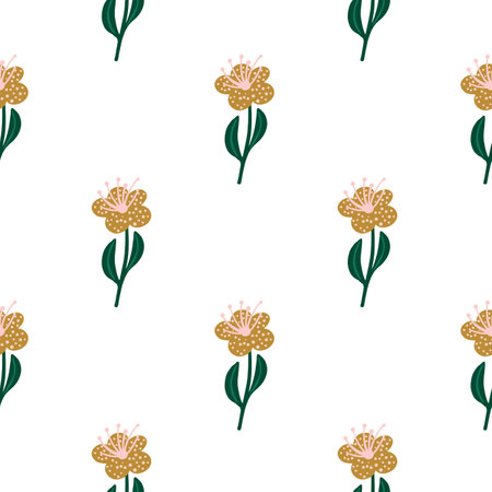 Botanic seamless pattern with isolated simple flower silhouettes print. Beige and green colored ornament. Stock illustration. Vector design for textile, fabric, giftwrap, wallpapers.のイラスト素材