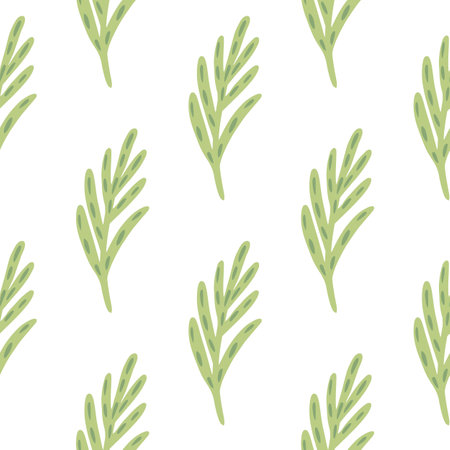 Isolated botanic seamless pattern with green doodle leaf branches ornament. White background. Stock illustration. Vector design for textile, fabric, giftwrap, wallpapers.のイラスト素材