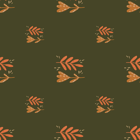 Vintage nature seamless pattern with orange colored flowers and branches. Olive background.のイラスト素材