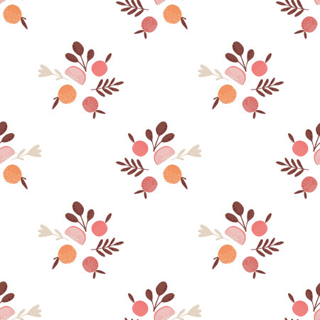 Isolated seamless pattern with pink apple silhouettes and foliage. White background. Simple design. Stock illustration.のイラスト素材
