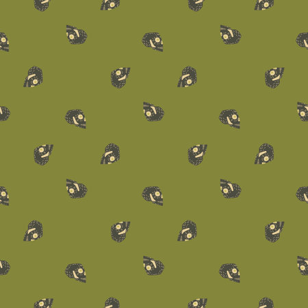 Cartoon seamless pattern with little skull silhouettes. Green olive background. Scary print. Stock illustration.のイラスト素材