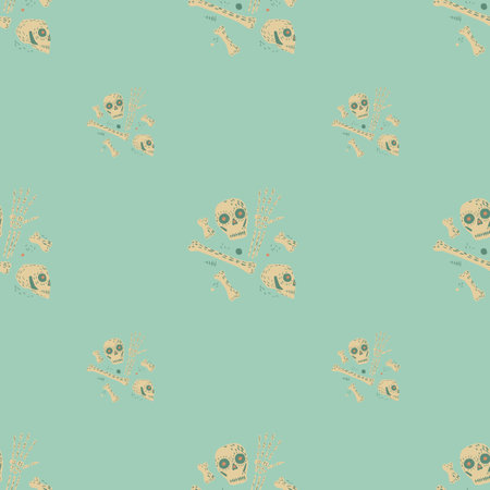 Doodle piracy seamless hand drawn pattern with light beige skull and bones ornament. Light blue background. Stock illustration.のイラスト素材