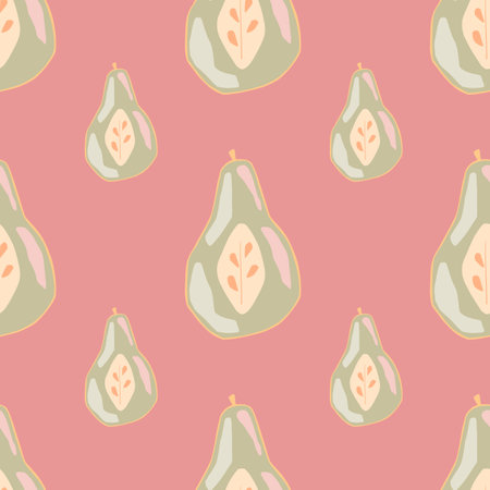 Pale green pear ornament seamless doodle pattern. Pink background. Fruit backdrop. Vector illustration for seasonal textile prints, fabric, banners, backdrops and wallpapers.のイラスト素材