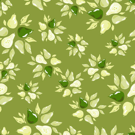 Random seamless pattern with doodle pear ornament and leaf silhouettes. Green background. Nature food backdrop. Stock illustration. Vector design for textile, fabric, giftwrap, wallpapers.のイラスト素材