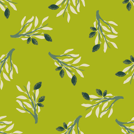 Seamless pattern with doodle summer harvest white leaves and lemons silhouettes on light green background.  Endless illustration.のイラスト素材