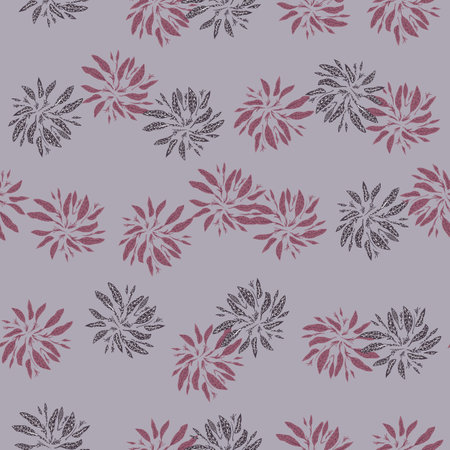Seamless cartoon pattern with nature foliage silhouettes ornament. Light purple background. Pastel palette artwork. Graphic design for wrapping paper and fabric textures. Vector Illustration.のイラスト素材