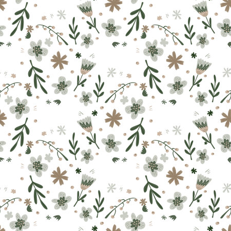 Cartoon isolated seamless pattern with green leaf shapes and flowers print. White backgrouns. Vintage artwork. Graphic design for wrapping paper and fabric textures. Vector Illustration.のイラスト素材