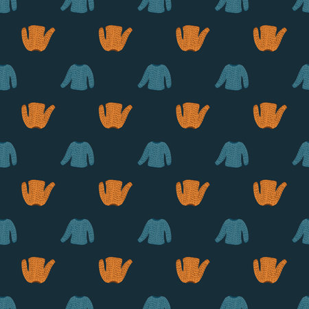 Doodle seamless pattern with orange and blue sweater ornament. Navy blue background. Vector illustration for seasonal textile prints, fabric, banners, backdrops and wallpapers.のイラスト素材