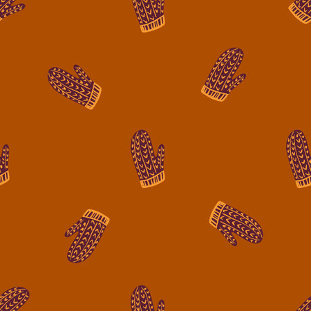 Hand drawn december seamless pattern with brown colored mittens ornament. Dark orange background. Graphic design for wrapping paper and fabric textures. Vector Illustration.のイラスト素材