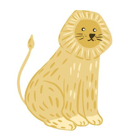 Lion sits isolated on white background. Circus character from safari with mane. Doodle vector illustration.のイラスト素材