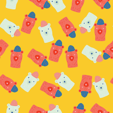Hand drawn seamless animal pattern with light blue and pink bear ornament. Yellow bright background. Vector illustration for seasonal textile prints, fabric, banners, backdrops and wallpapers.のイラスト素材