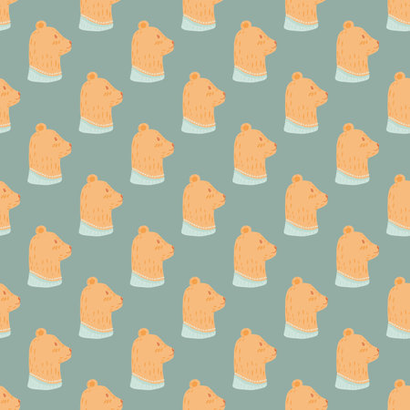 Pastel tones seamless pattern with orange bear head ornament. Pale blue background. Animal print. Stock illustration. Vector design for textile, fabric, giftwrap, wallpapers.のイラスト素材