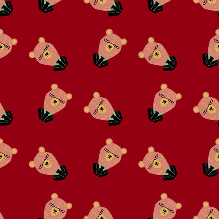 Hand drawn cute animal seamless pattern with bear in tuxedo print. Dark red background. Simple design.  Endless illustration.のイラスト素材