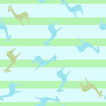 Random childish seamless pattern with simple giraffe shapes print. Green light striped background. Vector illustration for seasonal textile prints, fabric, banners, backdrops and wallpapers.のイラスト素材