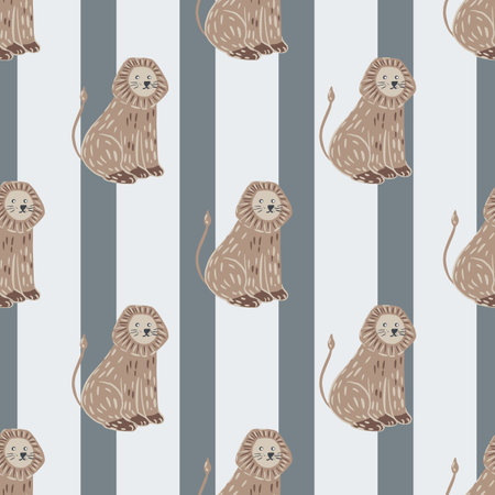 Light brown lion doodle print seamless pattern in hand drawn style. Striped pastel blue background. Graphic design for wrapping paper and fabric textures. Vector Illustration.のイラスト素材