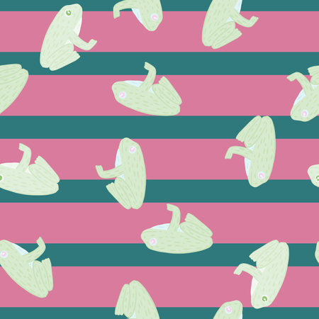 Seamless random pattern with hand drawn frog silhouettes print. Striped background with pink lines. Stock illustration. Vector design for textile, fabric, giftwrap, wallpapers.のイラスト素材
