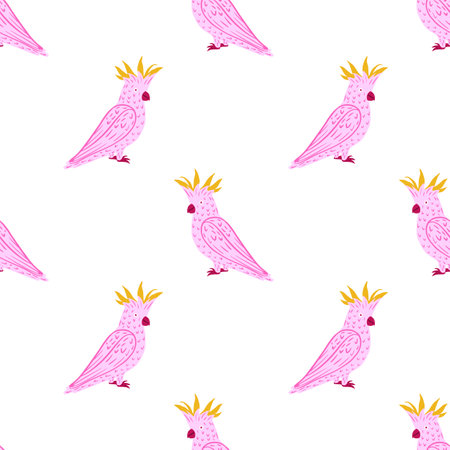 Isolated seamless pattern with simple pink parrot cockatoo shapes. White background. Jungle animal artwork. Flat vector print for textile, fabric, giftwrap, wallpapers. Endless illustration.のイラスト素材