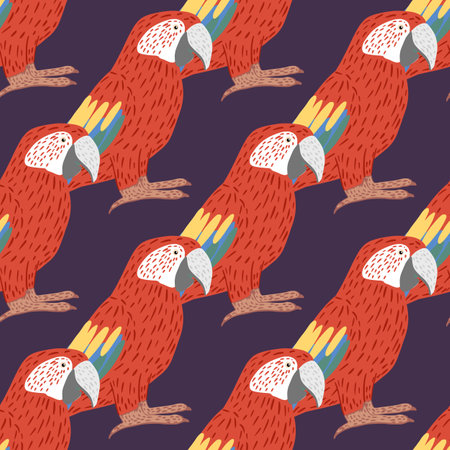 Hand drawn seamless pattern with bright realistic red ara parrot print design. Purple background. Doodle style. Stock illustration. Vector design for textile, fabric, giftwrap, wallpapers.のイラスト素材