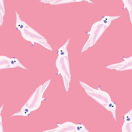 Random bright seamless exotic zoo pattern with white hand drawn cockatoo print. Pink background. Vector illustration for seasonal textile prints, fabric, banners, backdrops and wallpapers.のイラスト素材