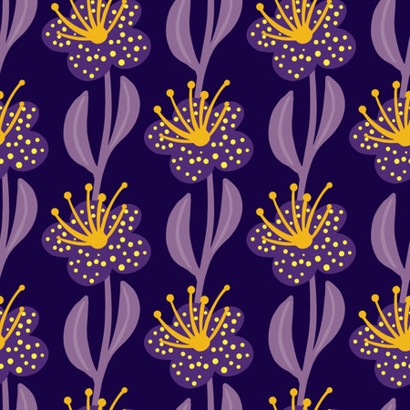 Creative hand drawn cartoon seamless pattern with flower silhouettes. Purple background. Vintage print. Stock illustration. Vector design for textile, fabric, giftwrap, wallpapers.のイラスト素材