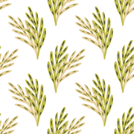 Isolated seamless pattern with hand drawn green and pink colored leaf twigs silhouettes. White background. Flat vector print for textile, fabric, giftwrap, wallpapers. Endless illustration.のイラスト素材