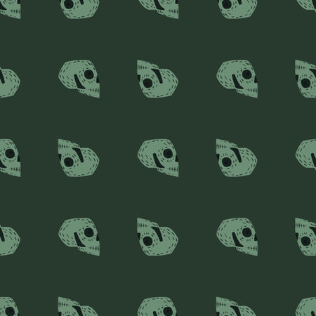 Horror seamless pattern with doodle hand drawn skull silhouettes. Green background. Stock illustration. Vector design for textile, fabric, giftwrap, wallpapers.のイラスト素材