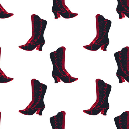 Isolated seamless pattern with black and red colored women boots shapes. White background. Stock illustration. Vector design for textile, fabric, giftwrap, wallpapers.のイラスト素材