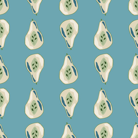Cartoon seamless pattern with creative half pear elements. Bright blue background. Vector illustration for seasonal textile prints, fabric, banners, backdrops and wallpapers.のイラスト素材